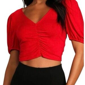 Lulus Red V-Neck Berry Red Ruched Puff Sleeve Crop Top